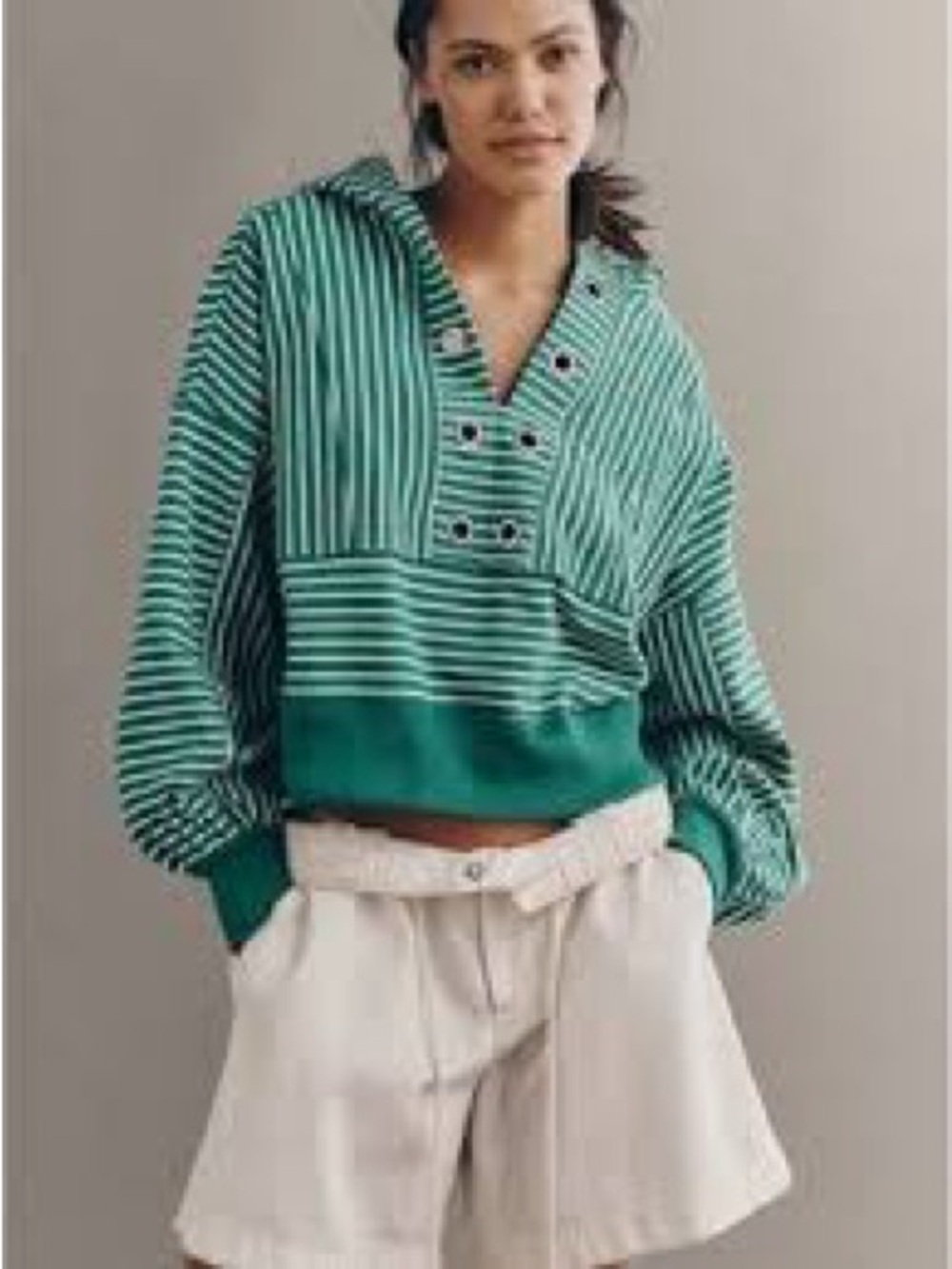 Pilcro Striped Green Hooded Pullover Top